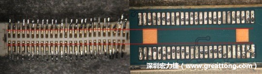 把板對(duì)板連接器與其電路板的佈線焊墊作一個(gè)比較，端子的切斷面有毛邊的地方剛好對(duì)到了裸銅區(qū)。