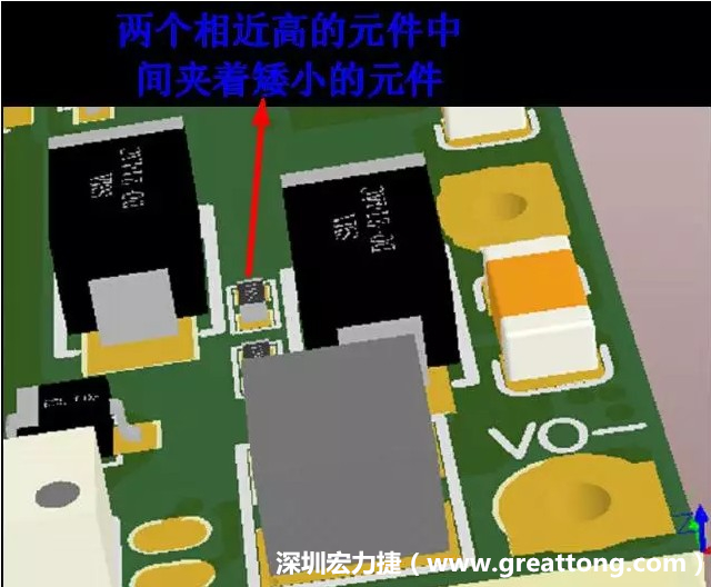 放置器件時要考慮以后的焊接和維修，兩個高度高的元件之間盡量避免放置矮小的元件