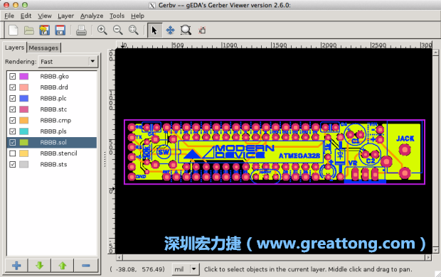 將圖層匯入你的Gerber預覽工具內（下圖為Gerbv），我通常會從上到下重新排列它們的順序，好讓我比較好校對：